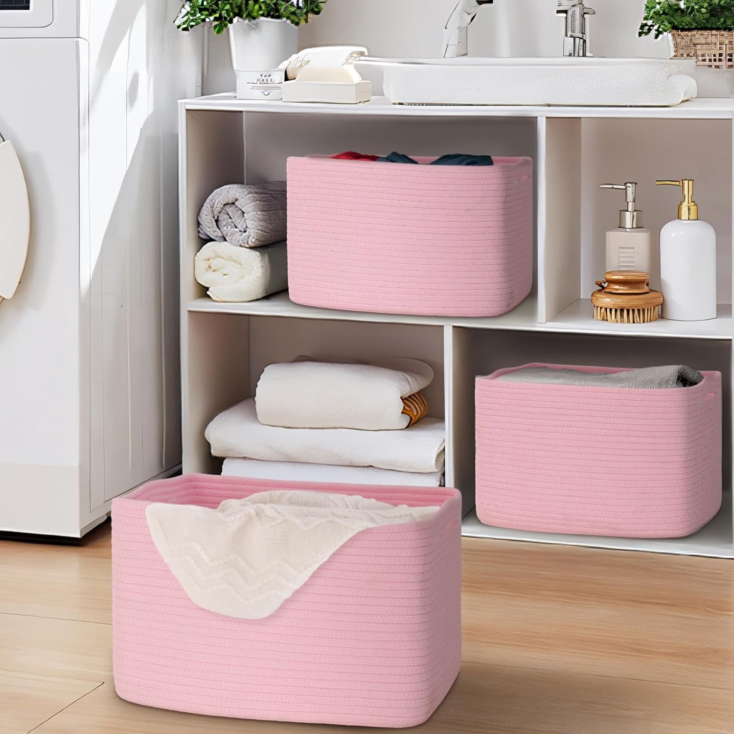 Natubeau 3 Pack Woven Storage Basket for Shelves, Cotton Rope Storage Bins for Toys Books, Storage Baskets for Organizing, 14.96"X9.8"X8.85", Pink