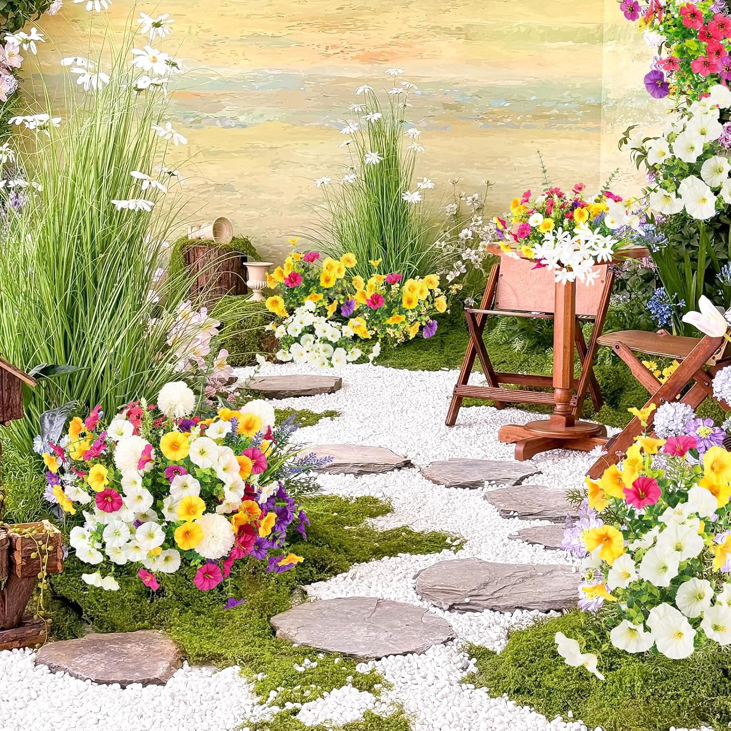 Artificial Flowers for Outdoors, 12 Bundles Mixed Faux Silk Spring Flowers Look Real Fake Plants for Front Door Porch Planter Patio Garden Yard