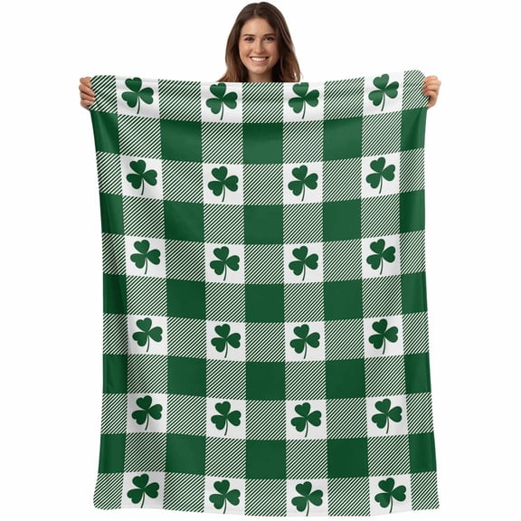 St. Patrick's Day Throw Blankets, Lucky Shamrocks Green Plaid Soft Fleece Blanket Decorative for Home Sofa Couch Chair Living Bedroom, 60x80 inches,