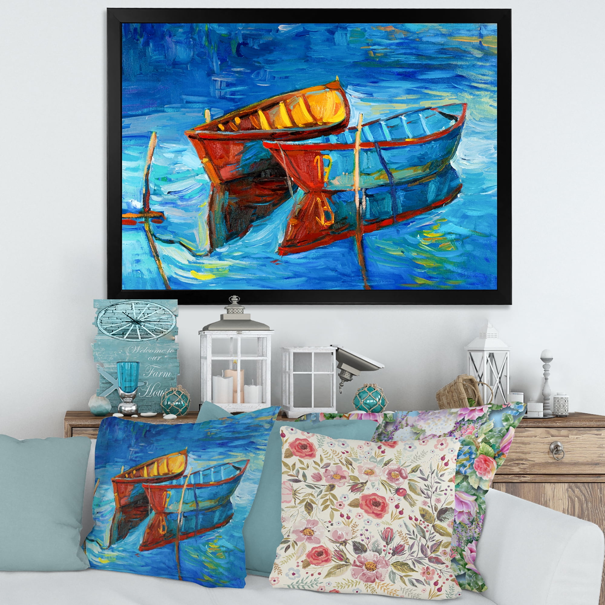 Boat At The Lake During Evening Glow III 32 in x 24 in Framed Painting Canvas Art Print, by Designart