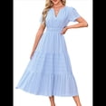 thumbnail image 2 of Vestido Midi Bohemio de Playa para Mujer, Informal, Ligero, de Verano, con Mangas , Escote en V y Cintura Elástica, con Bolsillos. Azul S, 2 of 9