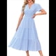 thumbnail image 2 of Vestido Midi Bohemio de Playa para Mujer, Informal, Ligero, de Verano, con Mangas , Escote en V y Cintura Elástica, con Bolsillos. Azul L, 2 of 9