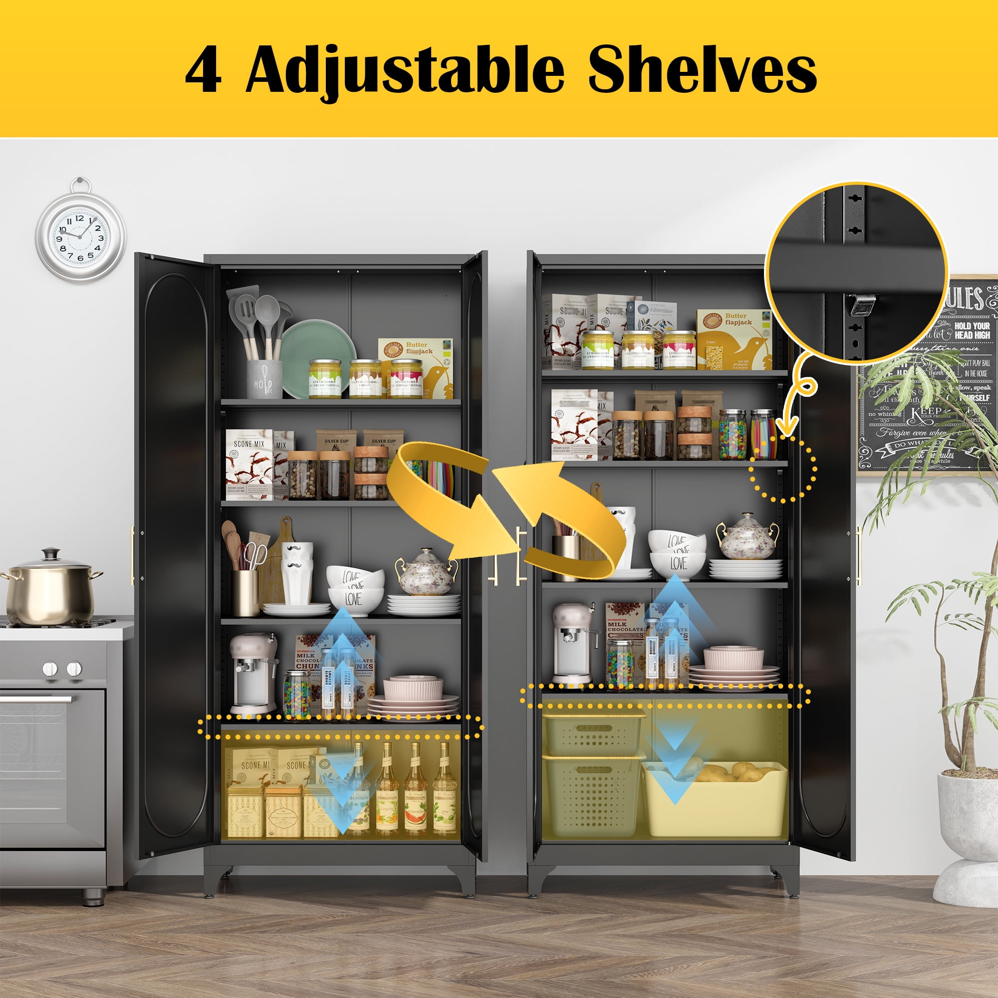 Polup Modern Metal Pantry Cabinet, 75" H, Adjustable Shelves and Doors, Black