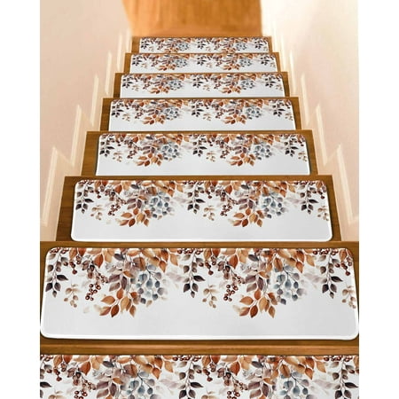 Eucalyptus Leaves Stair Treads for Wooden Steps Indoor Runner Rug Carpet Orange Blue Botanical Vintage 4 Pieces Peel and Stick Staircase Step Treads Covers Washable Throw Door Mats 30 x8