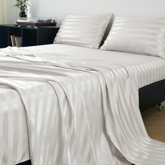 ANMINY Satin Sheets Full Silk Sheets White Stripe Bed Sheet Set Deep Pocket Bed Flat Fitted Sheet, 4-Pieces