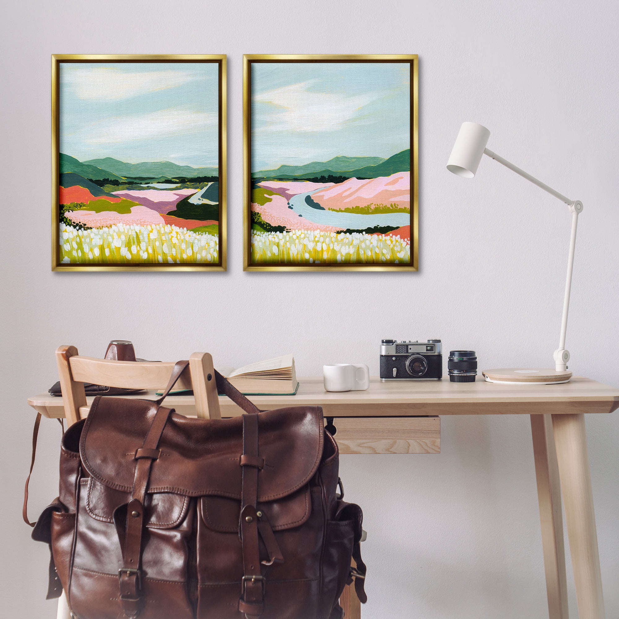Stupell Industries Mountain Valley Meadow Landscape Painting Gold Floater Framed Canvas Art Print Wall Art, 25 x 31, Set of 2