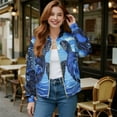 thumbnail image 2 of COEQINE Women's Bomber Jacket Zip Up Long Sleeve Varsity Shackets Lightweight Coat with Pockets, Stand Collar Loose Fit Casual Jacket Fall Winter Outfits, Small, Blue Sea Turtle Hibiscus, 2 of 7