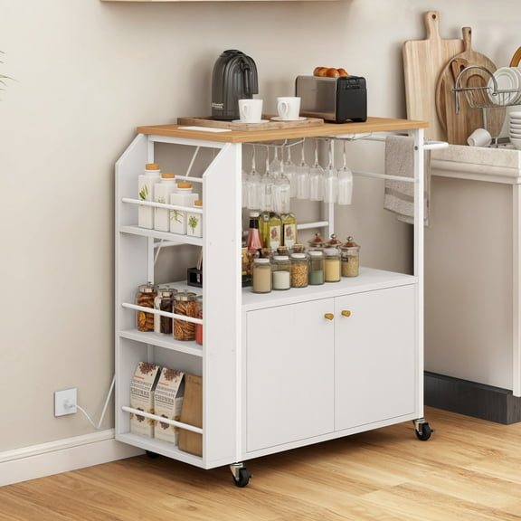 Craftian Kitchen Storage Cart Trolley with Storage Shelves, Kitchen Island Cart with Power Outlets & Doors, White