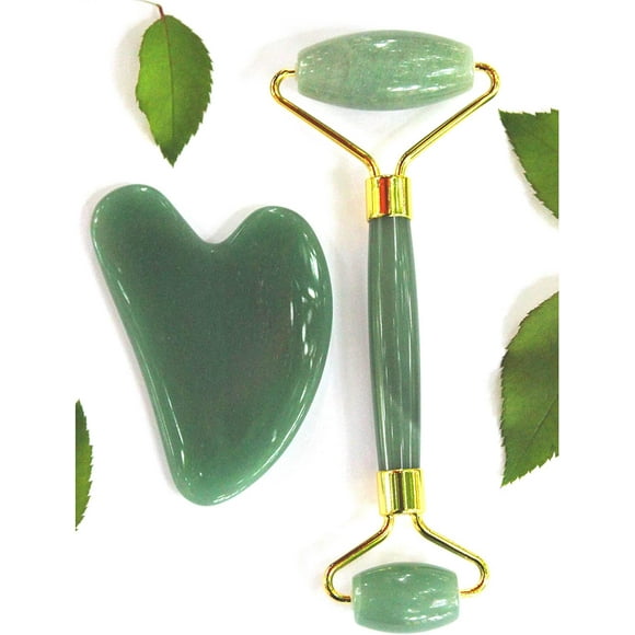 BigM Rouleau Facial en Jade Vert et Outils de Spa Gua Sha, Naturel, Double Extrémité, Anti-âge Facial, Fonctions de Gonflage, Aide au Drainage Lymphatique et au Massage, Réduit les Ridules, les Rides sur la Peau du Visage