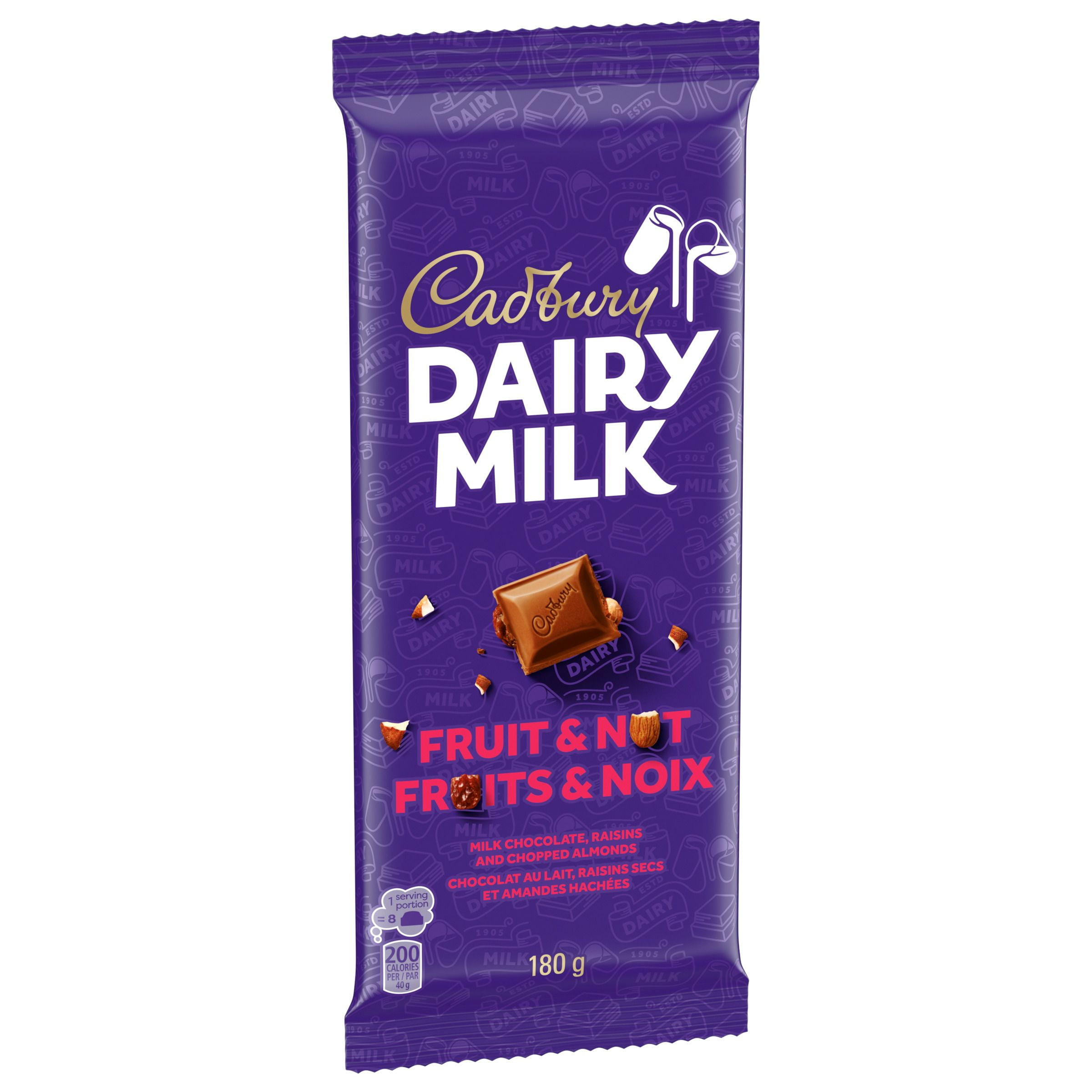 CADBURY DAIRY MILK, Fruit & Nut Chocolate Bar, CADBURY DAIRY MILK Milk Chocolate with Raisins and Chopped Almonds, 180 g, CADBURY DAIRY MILK FRUIT &NUT 180G 12