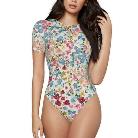 Cauagu Trendy Floral Design Women s Crew Neck Round Short Sleeve T Shirts Tops Bodysuit Daily Jumpsuit-Small