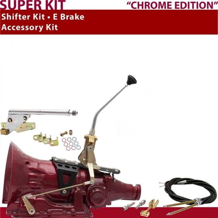 American Shifter 518 Shifter Kit 10 in. E Brake Cable Chrome Push Button Floor Hndl Ringed Knob for D6E03