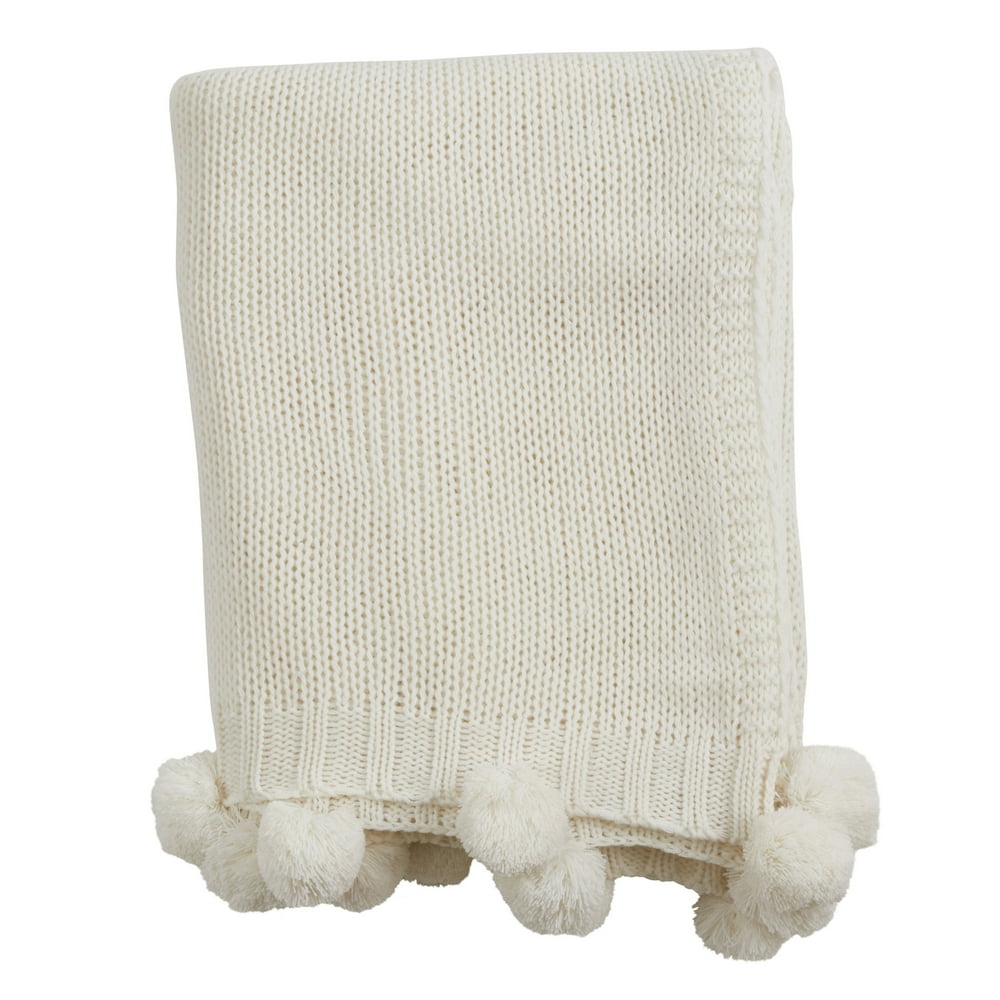 Solid Color Knitted Pom Pom Cozy Throw Blanket 2 Colors (Ivory