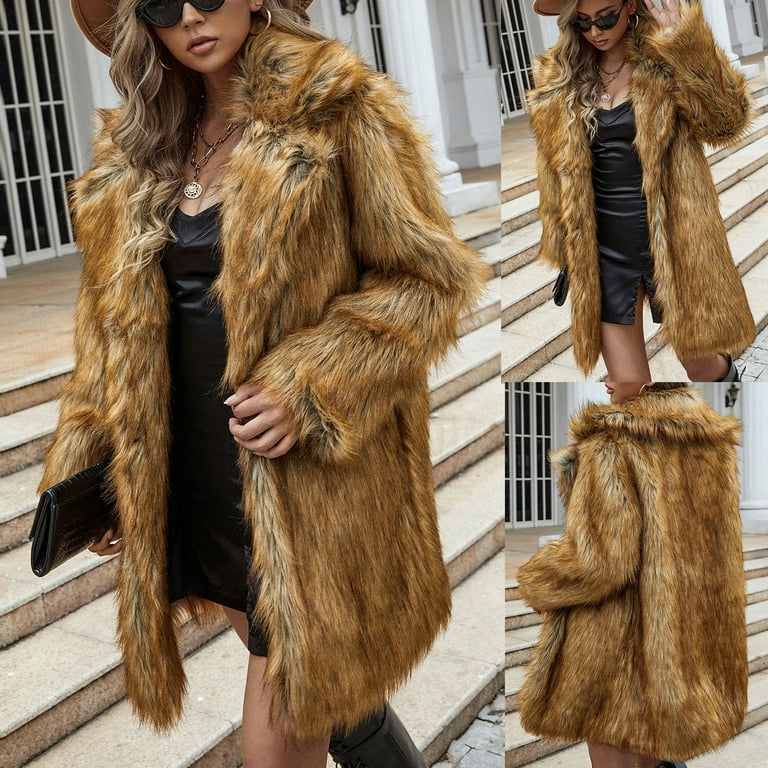BELLZELY Women Coats Winter Clearance Womens Ladies Warm Faux Furry Coat  Jacket Winter Solid Turn Down Collar Outerwear 