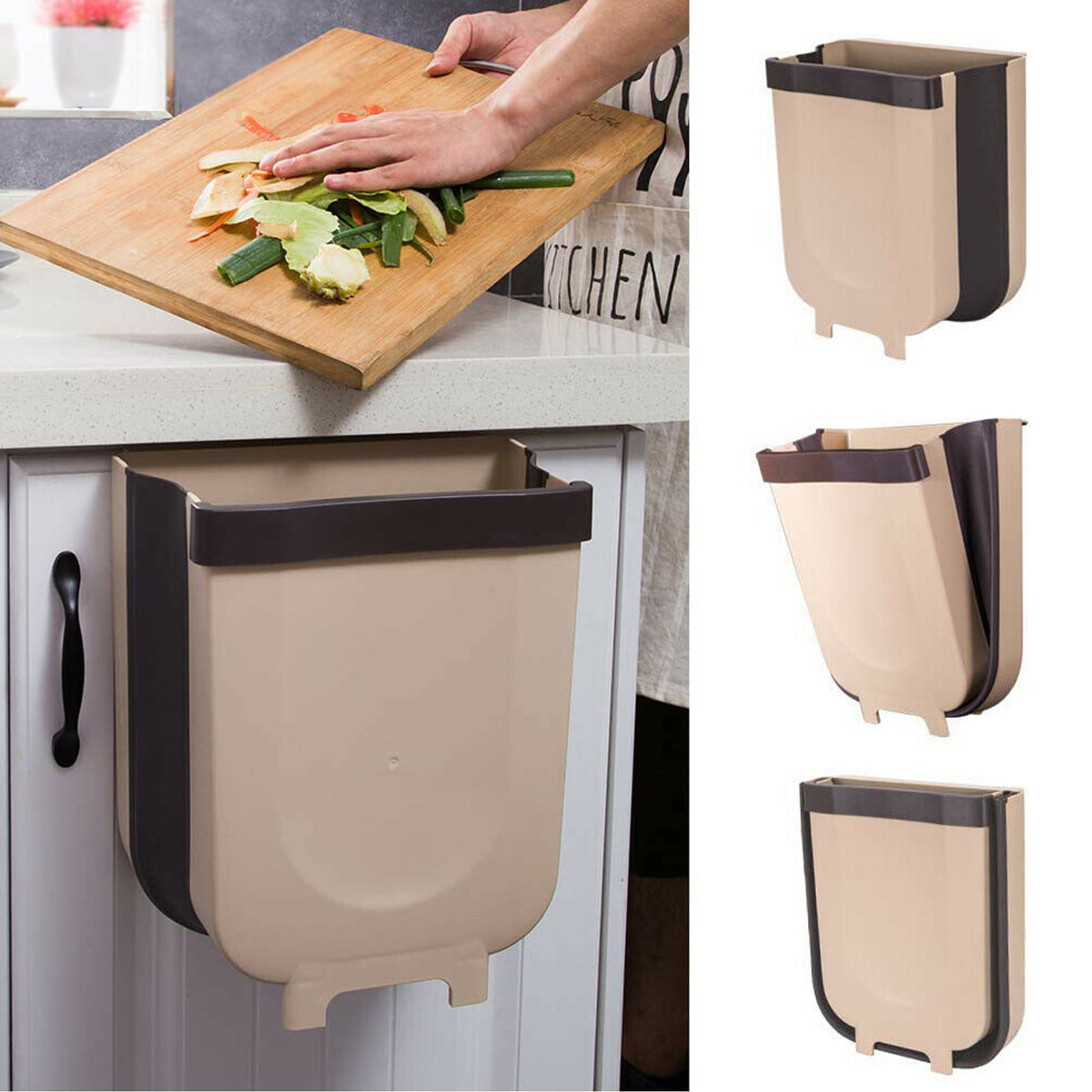 Wall Mounted Foldable Kitchen Cabinet Hanging Trash Can Collapsible Waste Bin 