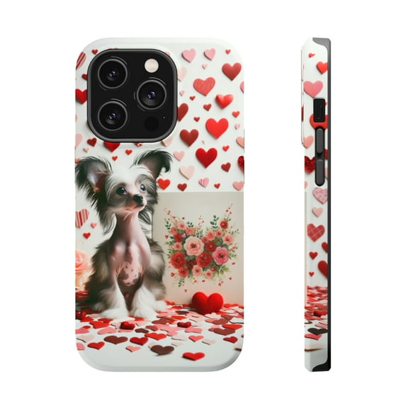 DistinctInk Tough Case for Apple iPhone 14 PRO (6.1" Screen), Compatible with MagSafe Charging - Valentine's Day Chinese Crested Puppy