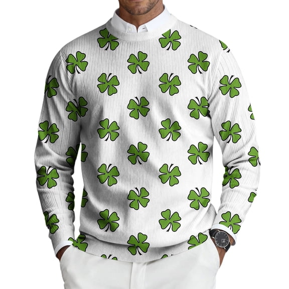 Mens St. Patrick's Day Pullover Crewneck Knit Sweaters with Clover Pattern Saint Patrick's Day Pullovers