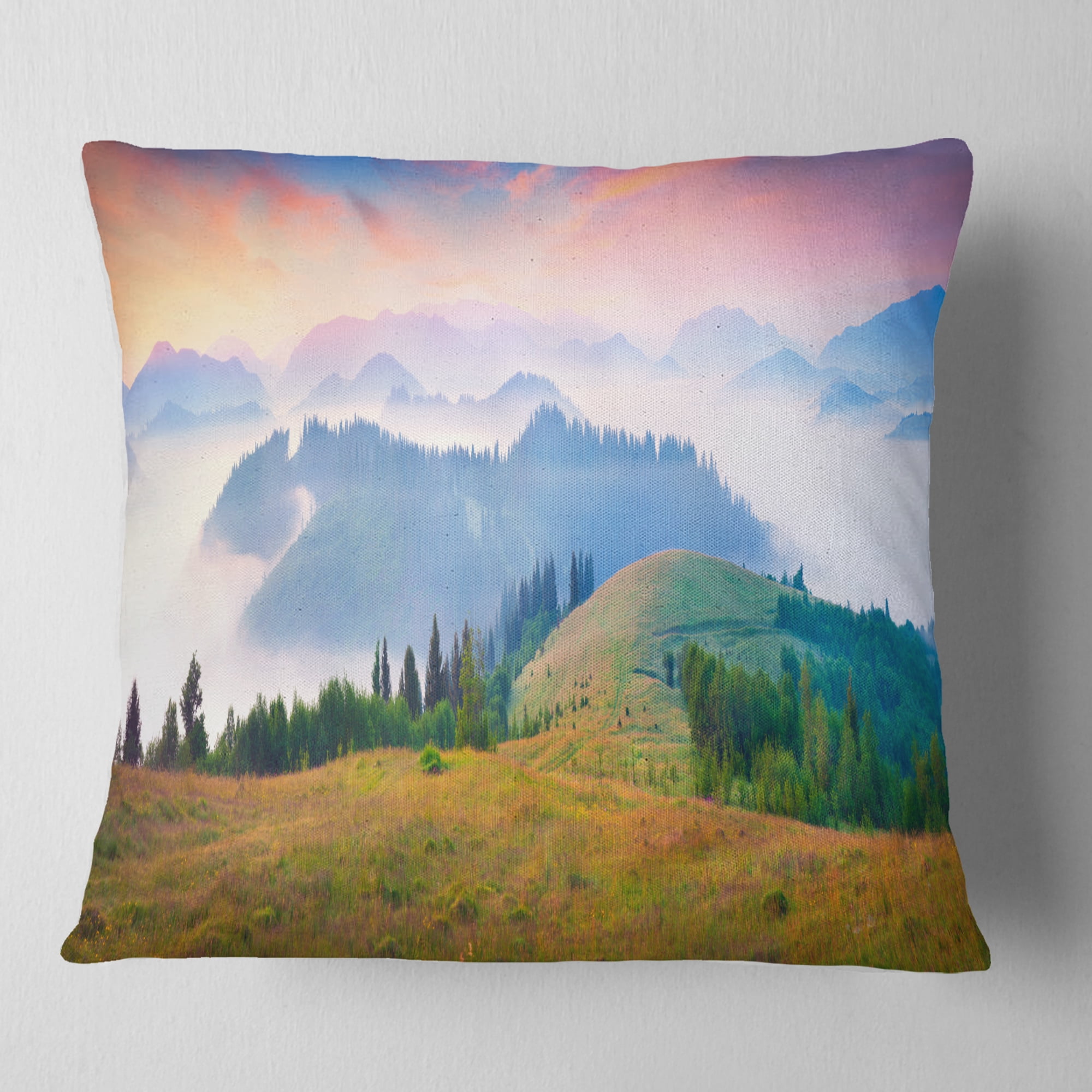 Designart Foggy Carpathian Panorama - Landscape Photo Throw Pillow - 18x18