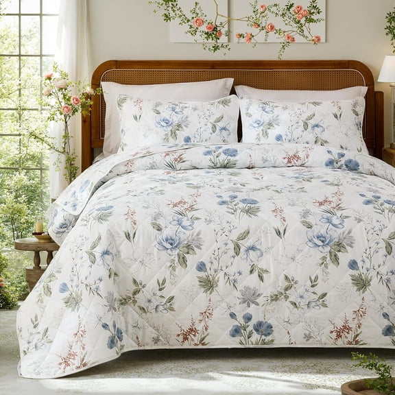 Green Floral Quilt Set 100% Cotton Quilt Bedding Sets - Green Flower Leaf Print Botanical Bedding - Lightweight Coverlet Ultra Soft Bedspread Set with Pillowcases for All Season