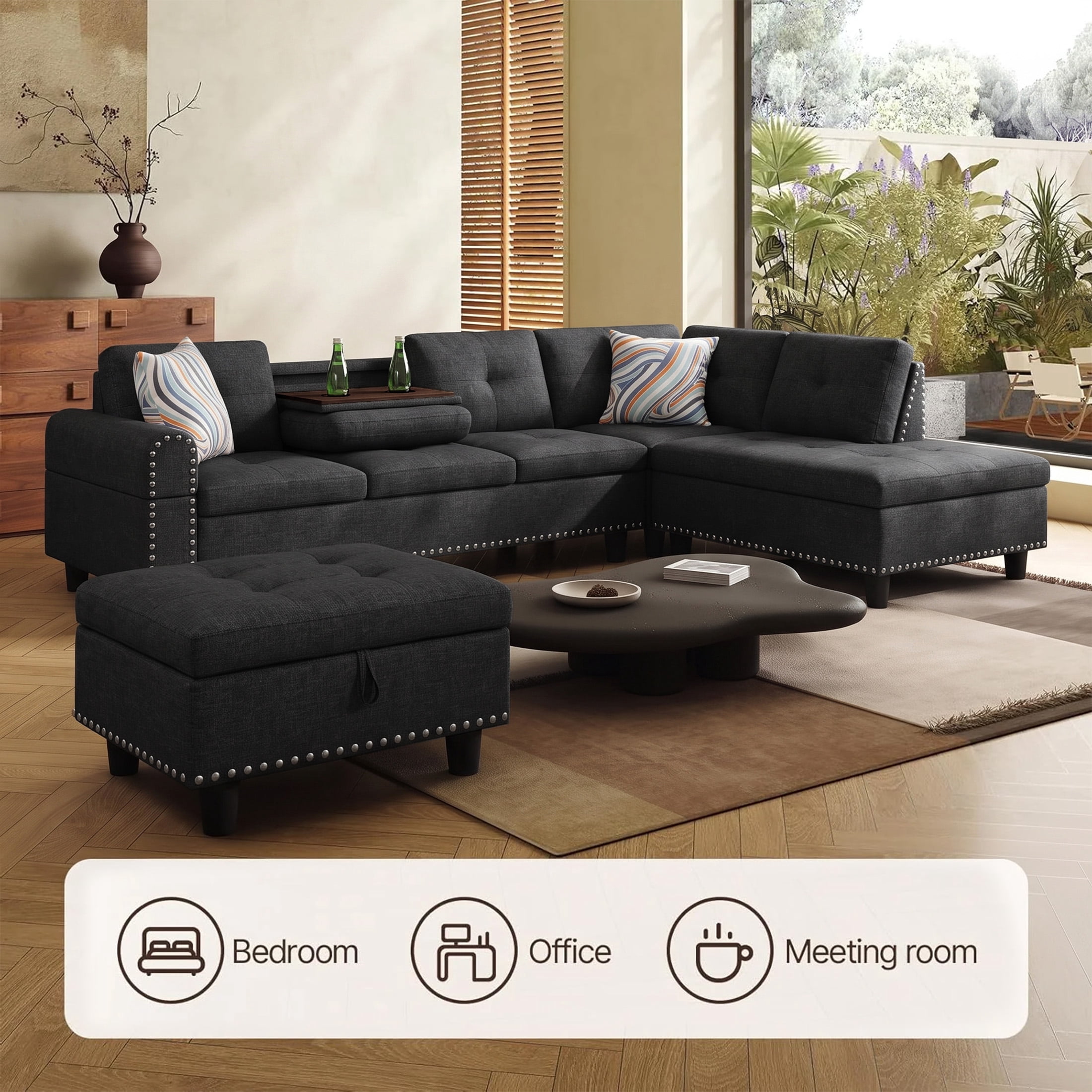 AENKYO 98" L-Shaped Sectional Sofa with Reversible Chaise, Storage Ottoman & Cup Holders, Linen, Black Gray