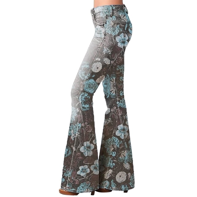 Aocisk Collants de Mode pour Femmes Taille Haute Motif Floral Imprimé Pantalon Évasé pour Femmes avec Design à la Mode Bleu P