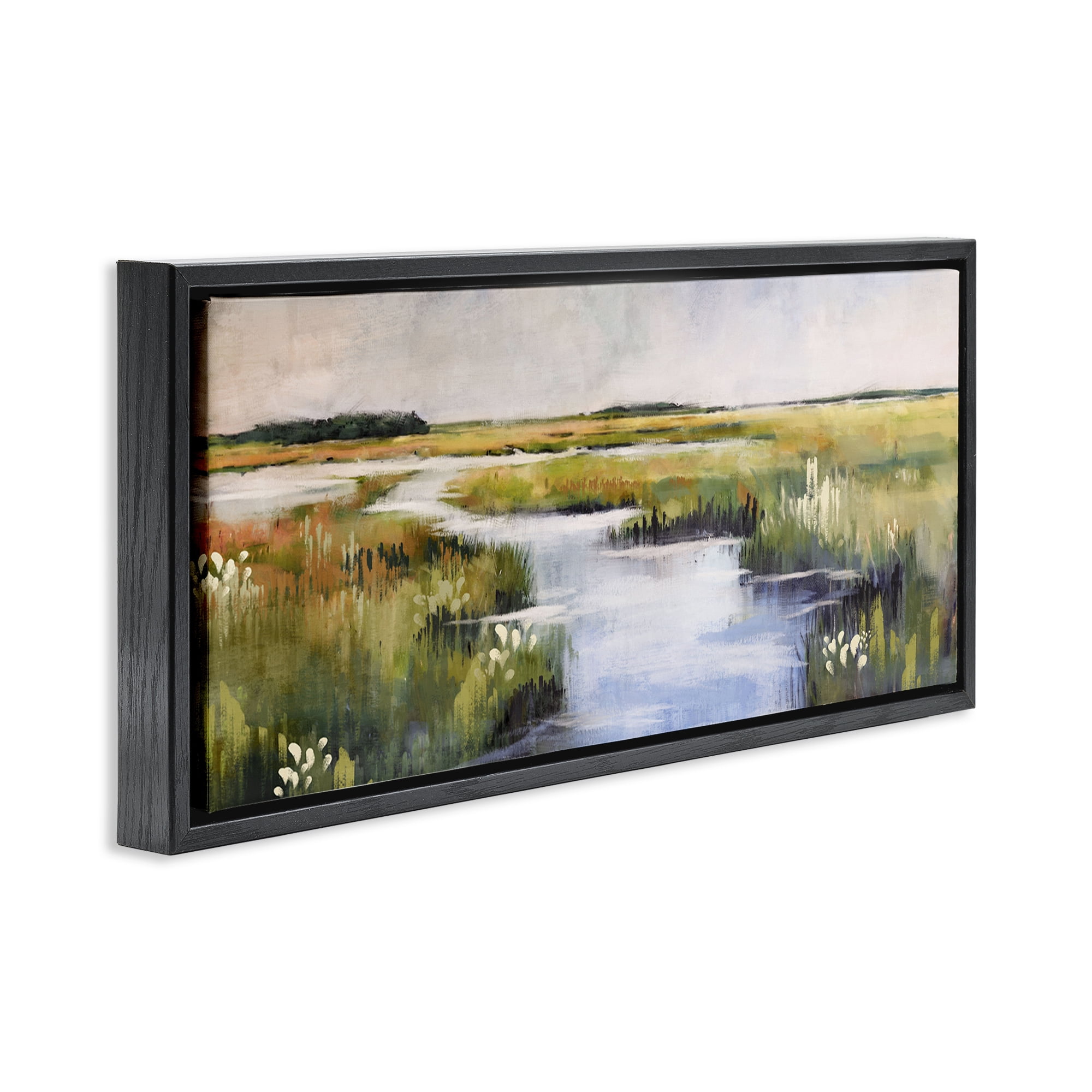Stupell Industries River Through Marshlands Landscape & Nature Painting Black Floater Framed Canvas Art Print Wall Art, 31 x 14
