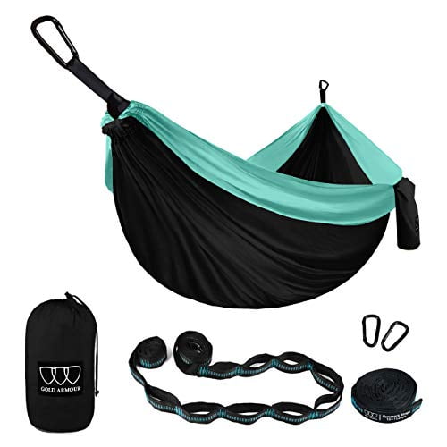 Gold Armour Camping Hammock - XL Double Hammock Portable Hammock Camping Accessories Gear for Outdoor Indoor with Tree Straps, USA Based Brand (Black and Seafoam)