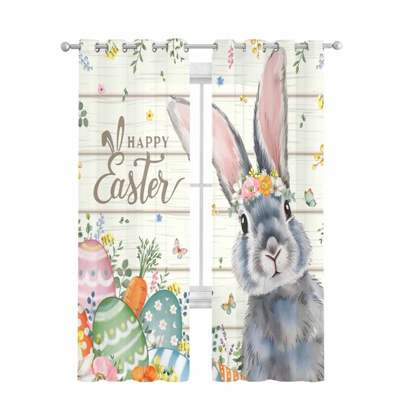 Happy Easter Sheer Curtains 63 Inch Length 2 Panels Set for Living Room/Bedroom, Spring Bunny Easter Eggs Floral Beige Wood Kitchen Curtains Grommet Semi-Sheer Curtains Window Treatments 42"x63"x2