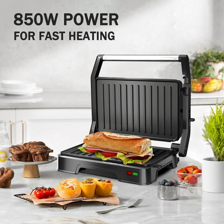Panini Grill Press - 2-Slice, 180° Opening, Non-Stick Plates for Versatile Grilling, Toasting, and Cooking, Easy to Clean, Perfect for Home Kitchens, 850W