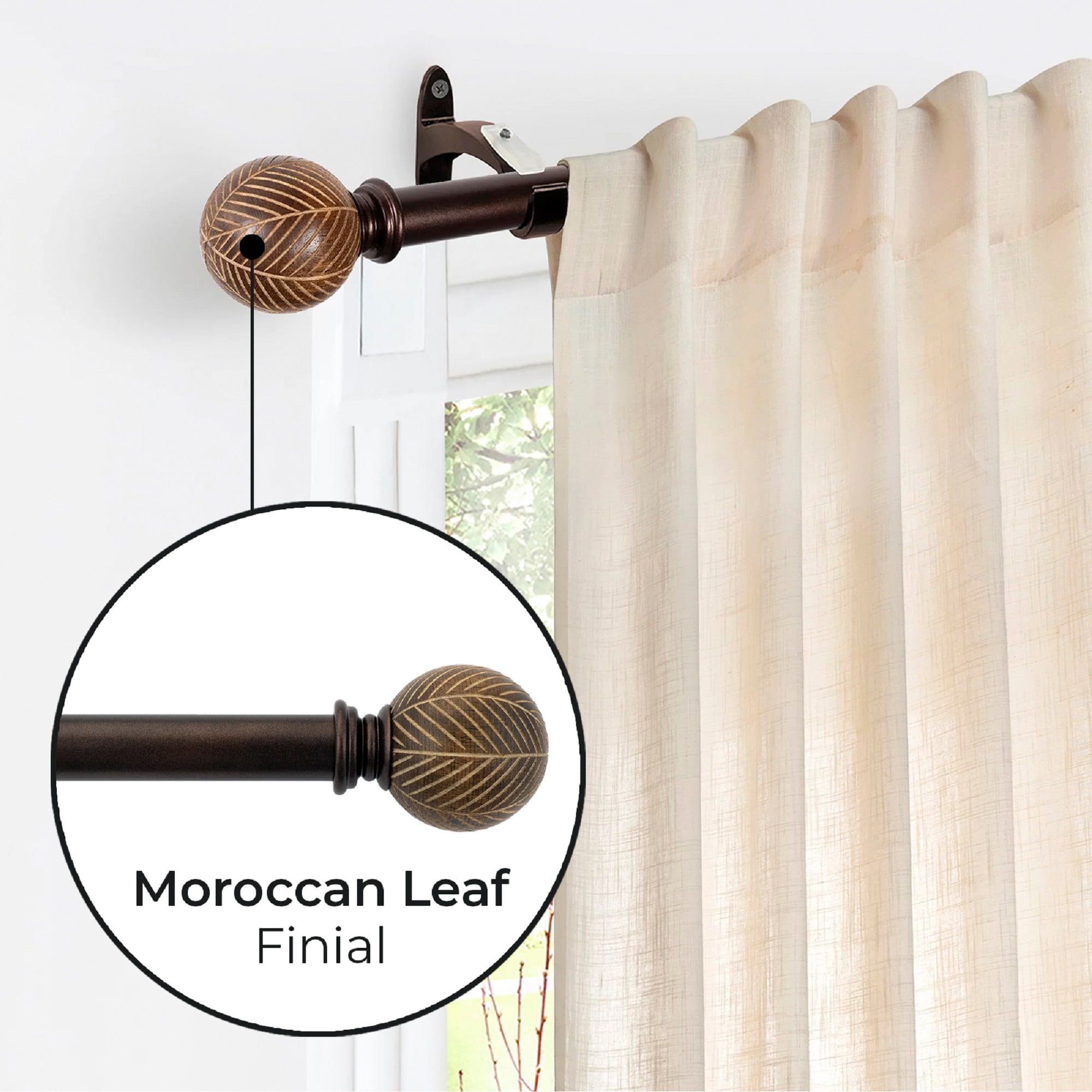 Better Homes & Gardens 1 inch Extendible Curtain Rod 42" to 120" with Moroccan Leaf Finials Brown
