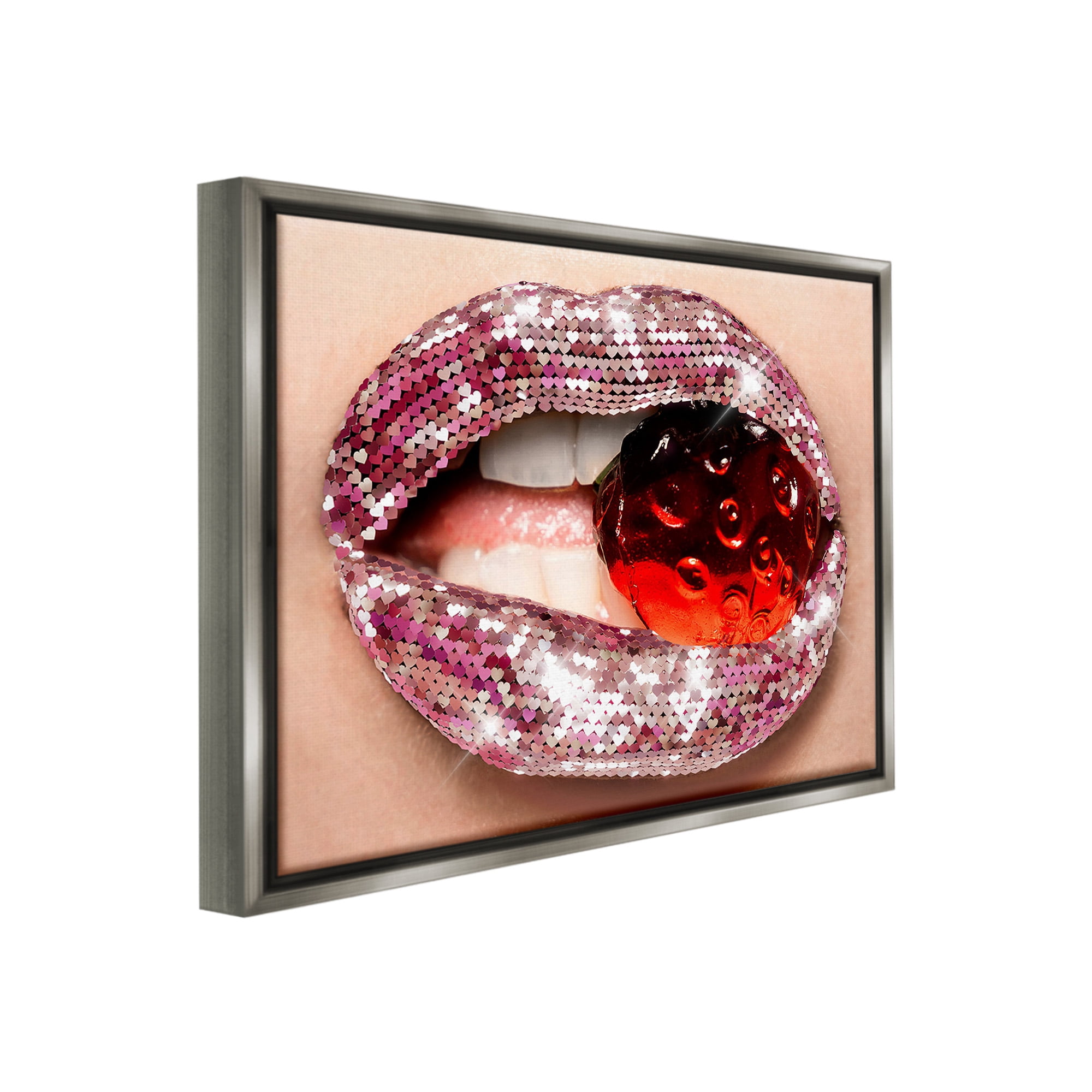 Stupell Industries Glam Biting Candy Novelty Painting Gray Floater Framed Canvas Art Print Wall Art, 21 x 17