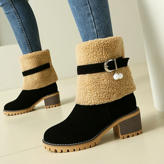 Wowcloth Winter Women's Fashion Casual Ankle Boots - Lined Warmth Short Boots with Solid Color Buckle, Round Toe Chunky Heel & Stylish Winter Daily Wear Footwear