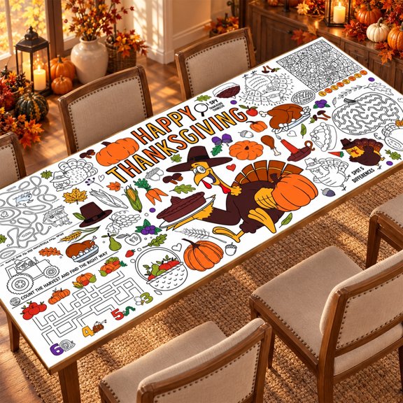 Thanksgiving Coloring Tablecloth, 72 x 35 Inch Jumbo Holiday Decoration, Turkey Pumpkin Fall Themed Paper Cover for Dining Table, Craft Projects, and Party Supplies