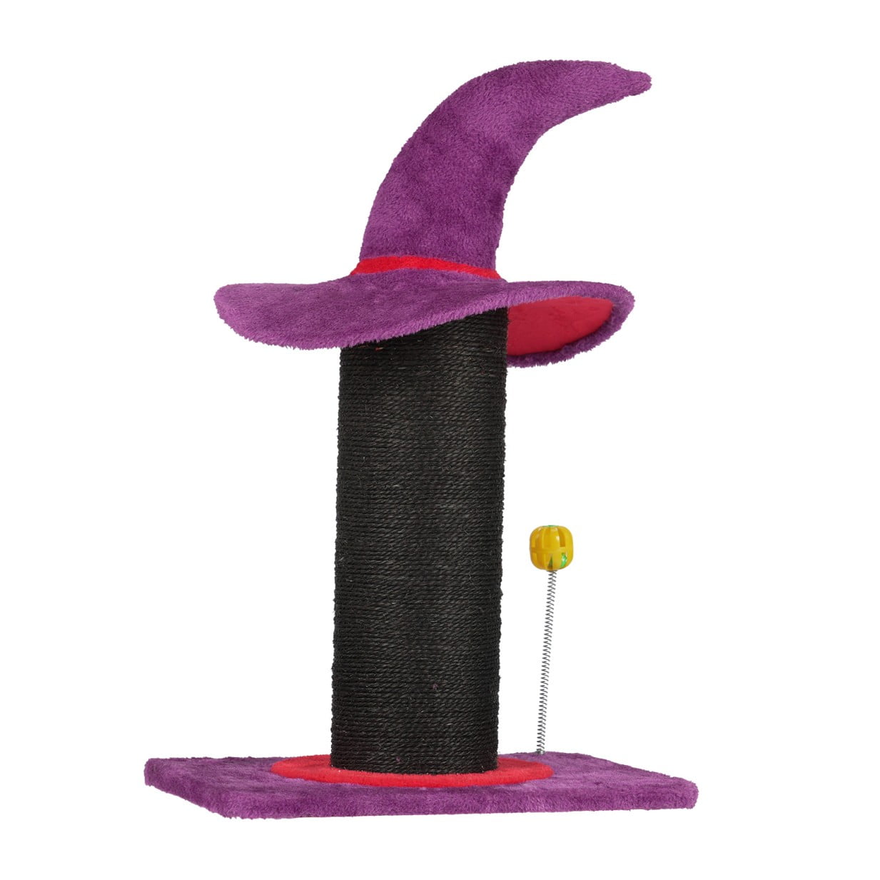 Tcbosik Cat Scratching Post in Wizard Hat Shape, 23.6"H Halloween Cat Scratcher with Spring Ball Toy, Stable Thick Base, Purple and Black