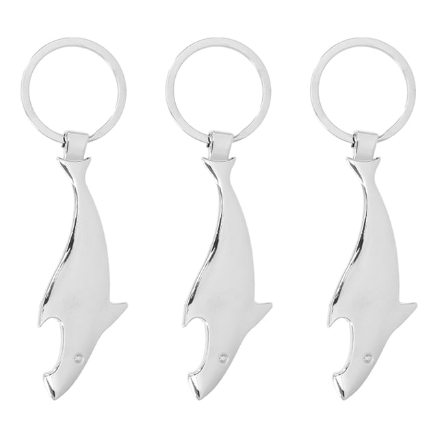 3 llaveros de metal con abrebotellas portátil y forma de tiburón, colgantes para exteriores.