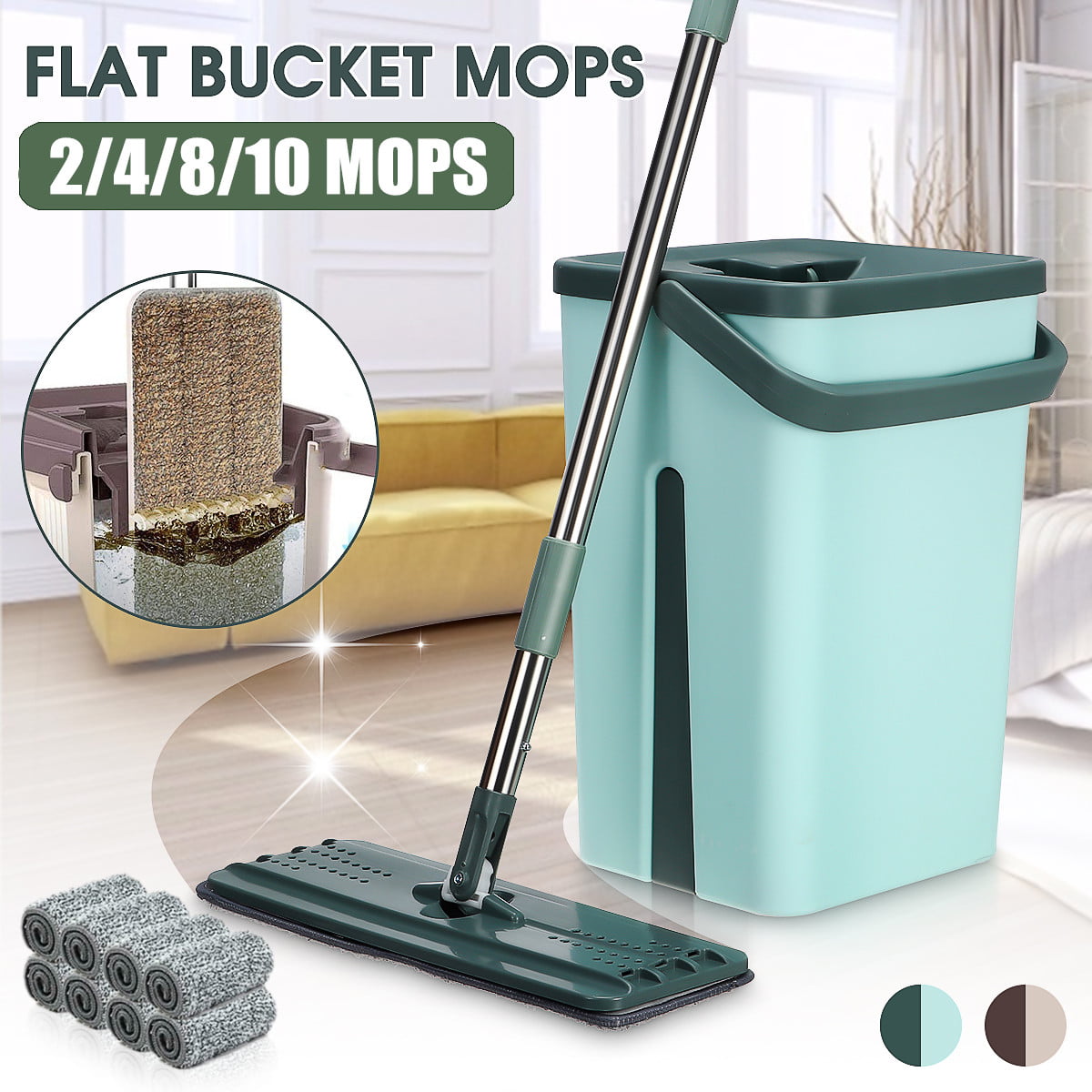 2/6/10 Pads Self Cleaning Mop Bucket System Flat Floor Drying Wringing Free Hand 