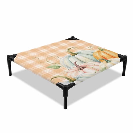 Thanksgiving Sage Pumpkin Elevated Dog Bed Fall Pink Amber Pumpkins Orange Plaid Cooling Breathable Outdoor Raised Dog Cot Bed with Metal Frame Non-Slip Feet for Small Dog 20x20in