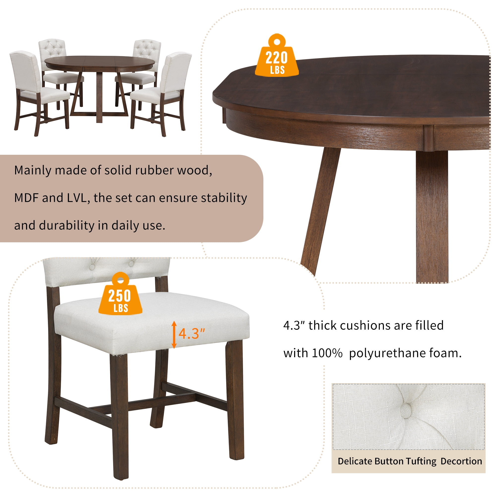 5-Piece Dining Table Set for 5, 42"-58" Extendable Round Dining Table with 4 Upholstered Chairs