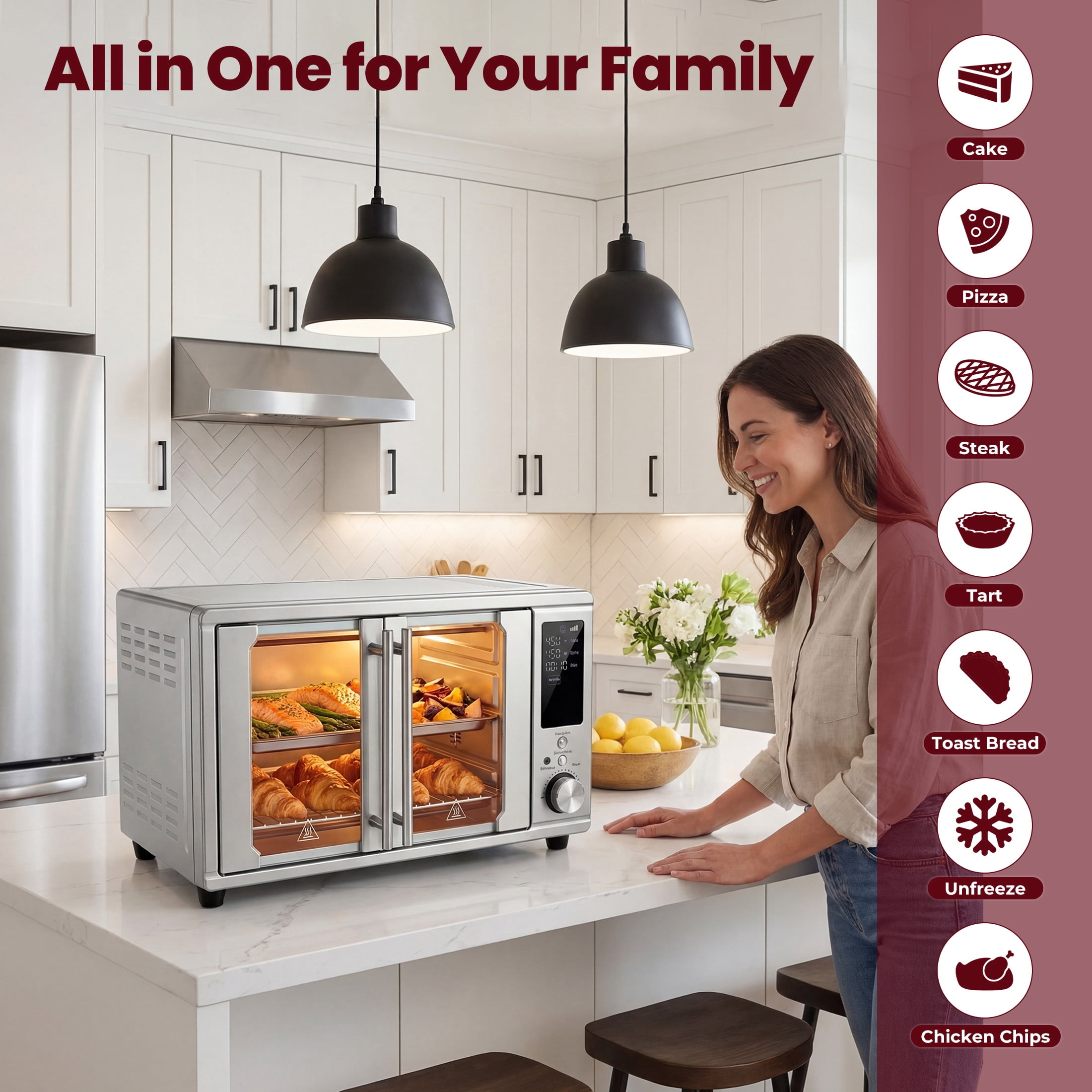 EDX 28L Silver Double-Door Air Fryer Oven, 4-in-1 Functions, 120V, 0-60min Timer, Free Tray & Rack & Tongs, Household Kitchen Use