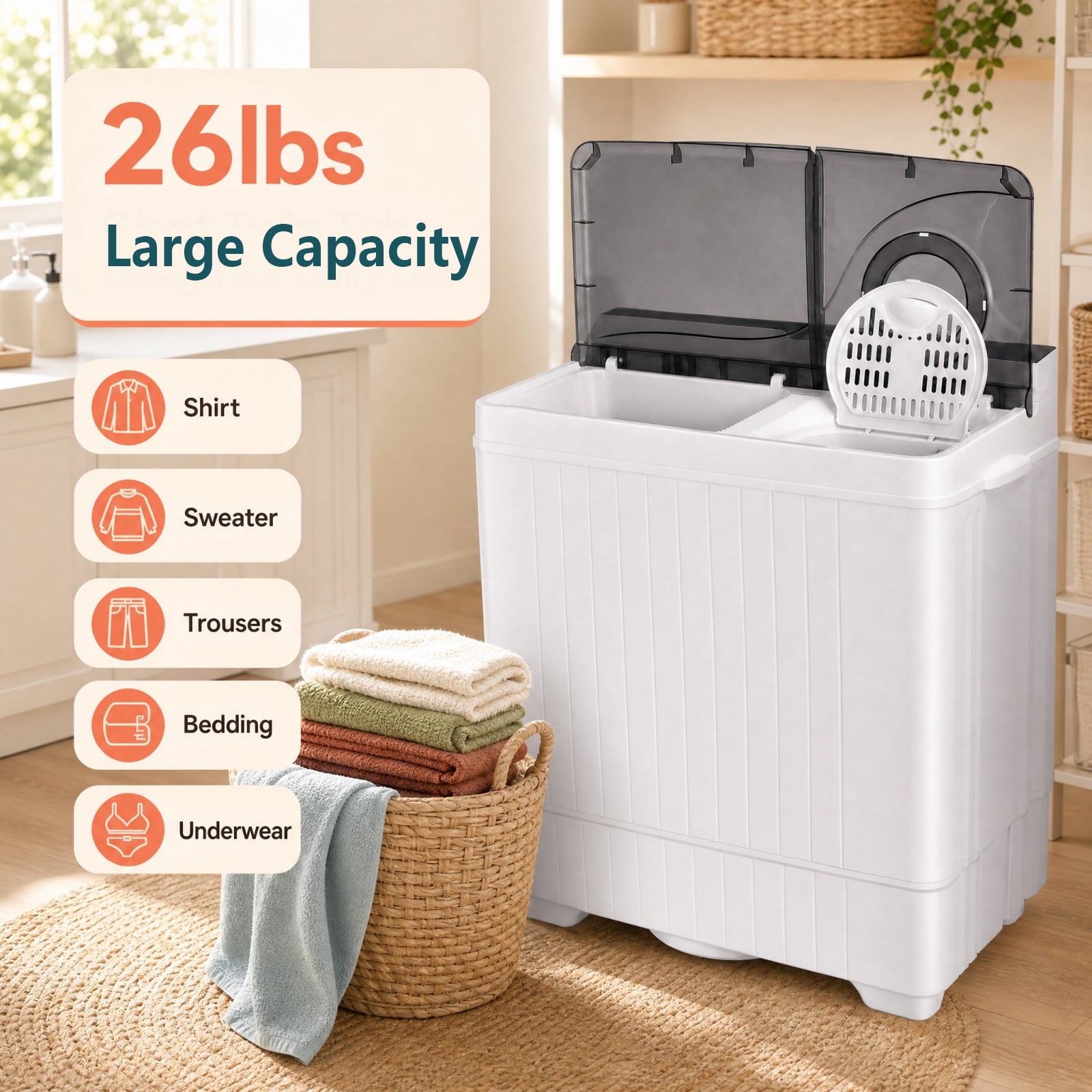 Costway 26lbs Portable Semi-automatic Washing Machine W/Built-in Drain Pump Grey