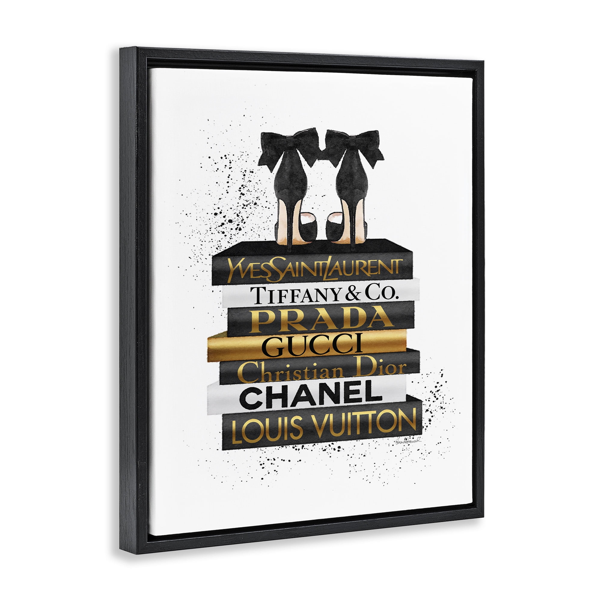 Stupell Industries Black Gold White Glam Bookstack Beauty & Fashion Painting Black Floater Framed Canvas Art Print Wall Art, 25 x 31