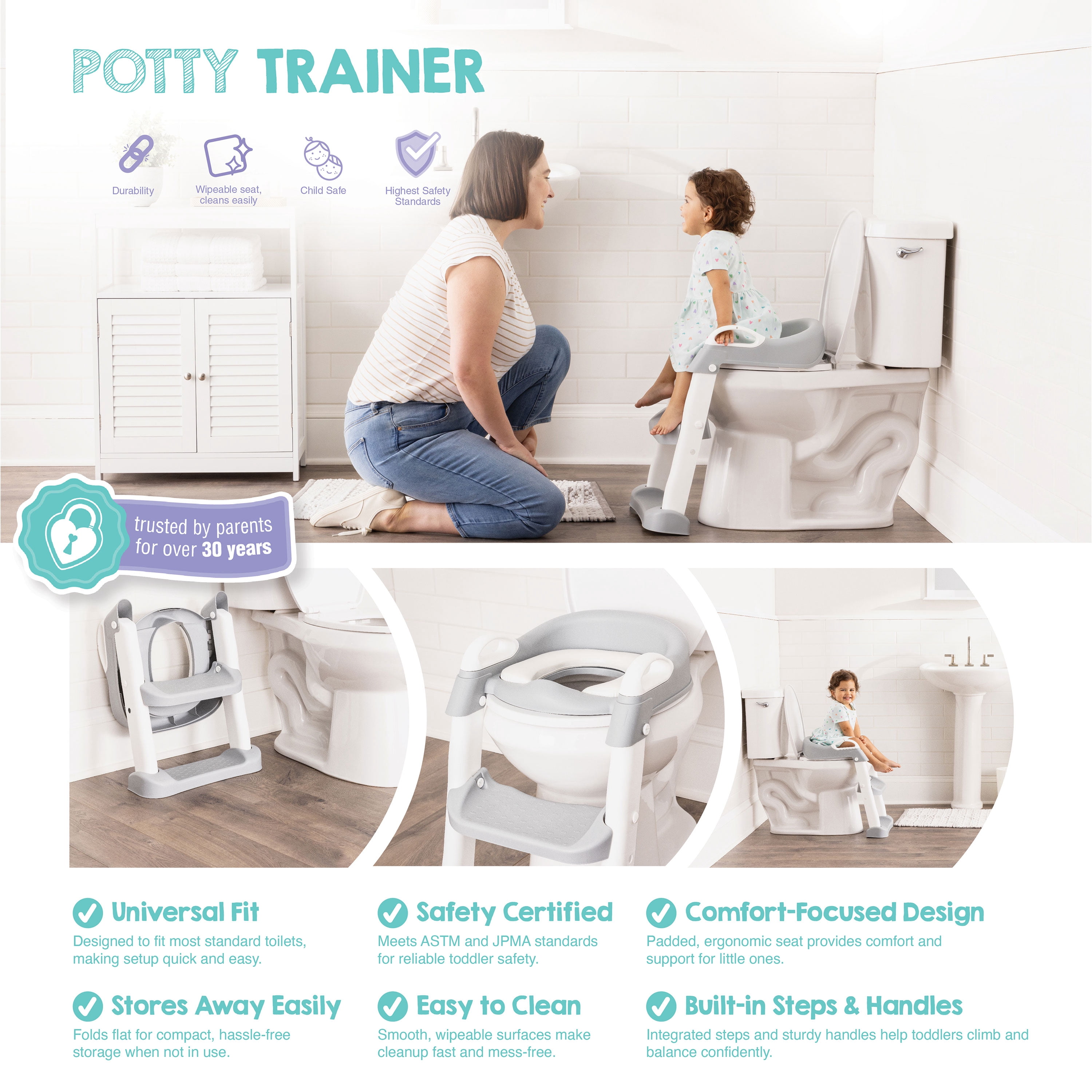Regalo Toddler Potty Trainer Seat with Steps & Handles, Padded Contoured Seat, White/Gray, Ages 2–5