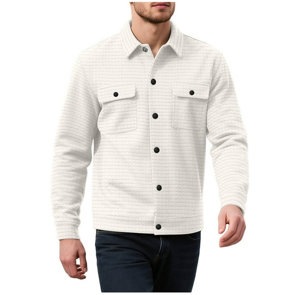 Casual Shirts for Men Long Sleeve Lapel Button Solid Color Waffle Shirt Jackets Stylish Lounge Cardigan with Pockets (XL, White)