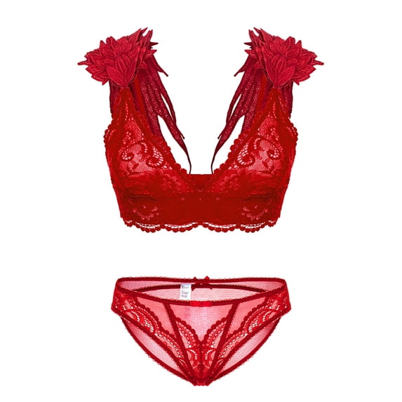 Adjustable Strap Sexy Cute Triangle Bralette with Wings and Lace Bikini Panties for Women