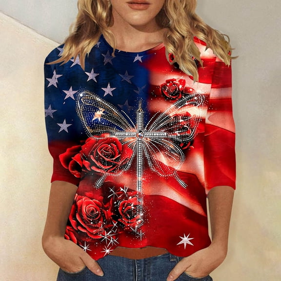 HCYSFG Womens 250th Anniversary Crew Neck Top oversized 3/4 Sleeve Patriotic Rose Cross Shirt Independence Day 4th of July Tee