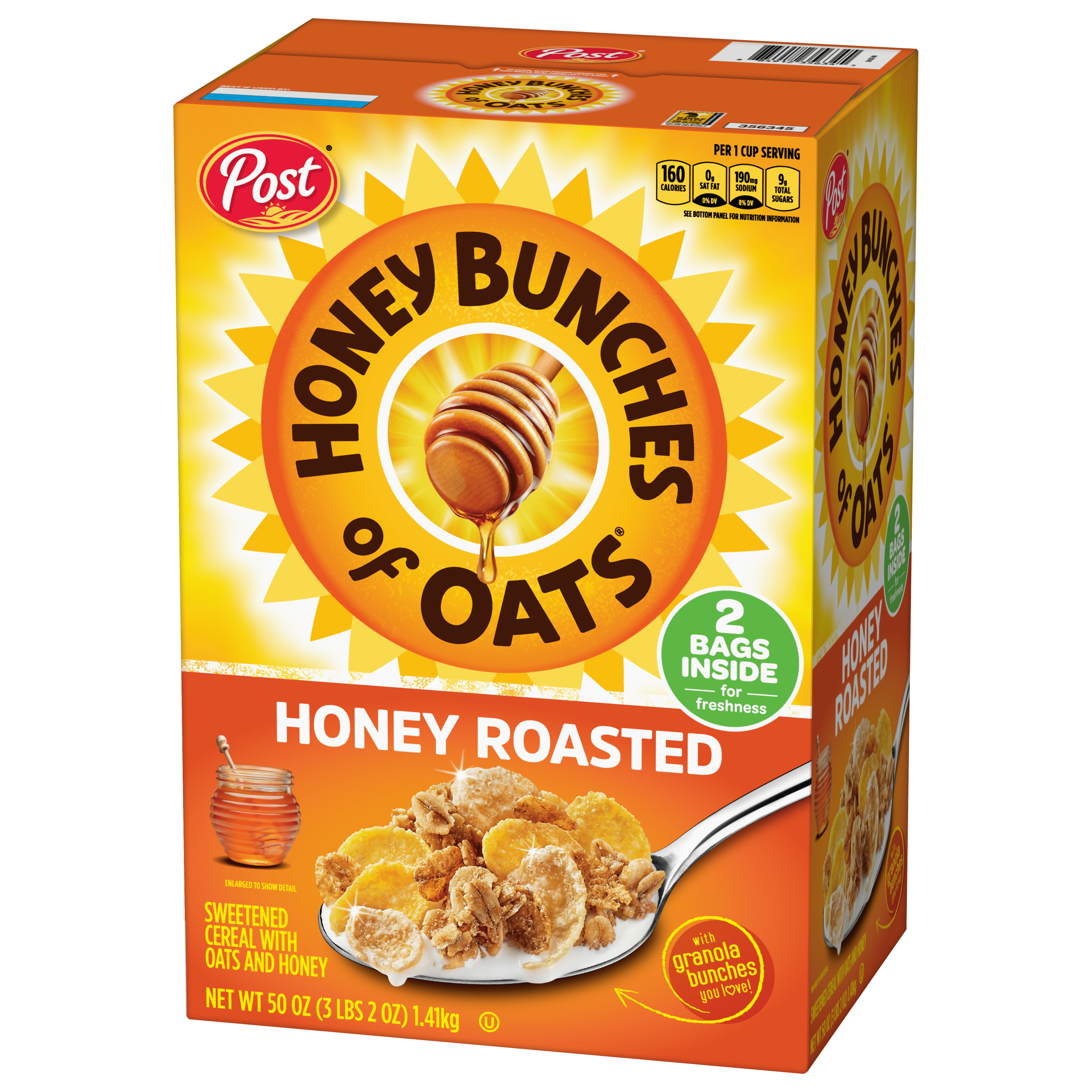 Post Honey Bunches of Oats Honey Roasted Breakfast Cereal, 50 OZ Cereal Box