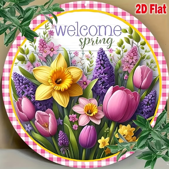 HELLOYOUNG Spring Wreath Metal Sign Tulips Daffodils Round Door Hanger Decorative Plaque Welcome Decor for Home Outdoor Garden Wall Art
