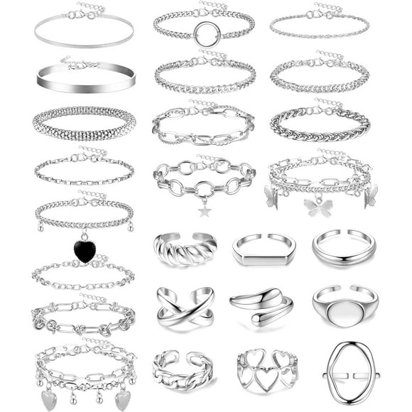 25Pcs Gold Bracelet And Rings Set For Women Stackable Chain Silver Gold Plated Filled Bracelet Pack Chunky Adjustable Statement Large Ring Layered Dainty Simple Bracelets And Ring Jewelry