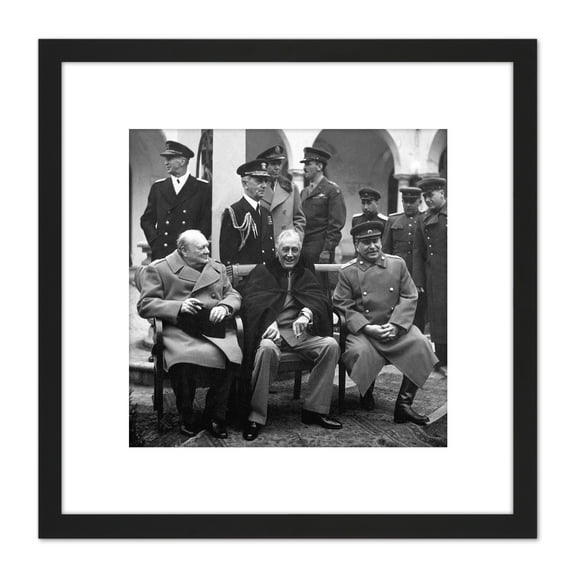 War WWII USA UK USSR Yalta Conference Big Three 1945 Photo 8X8 Inch Square Wooden Framed Wall Art Print Picture with Mount
