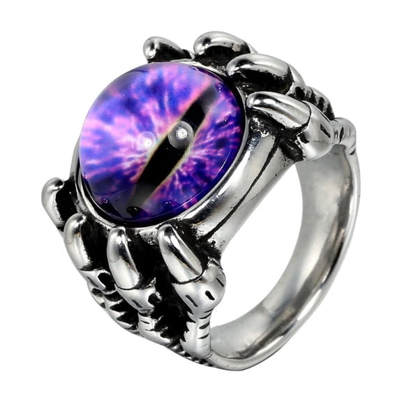 HIJONES Men's Stainless Steel Gothic Punk Round Eye Gemstone Ring Biker Crystal for Mens Party Gifts Purple Gemstones Silver Size 9